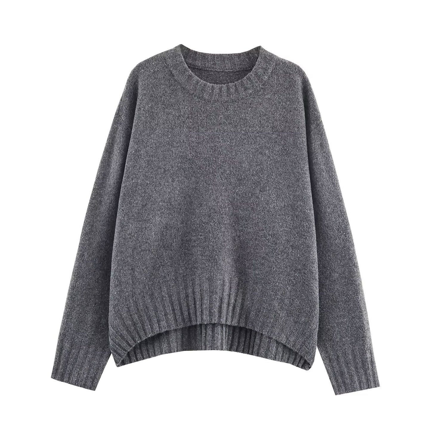 Round neck long sleeved loose fitting pullover knitted sweater for women