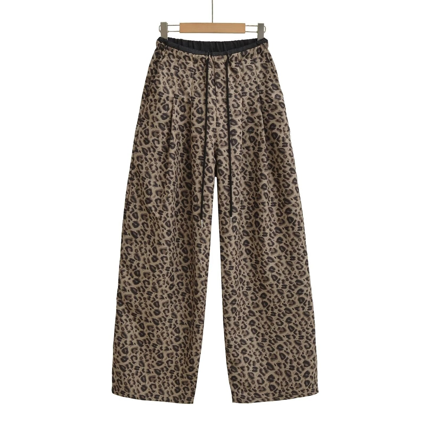 Retro color blocked loose straight leg wide leg pants with leopard print casual pants