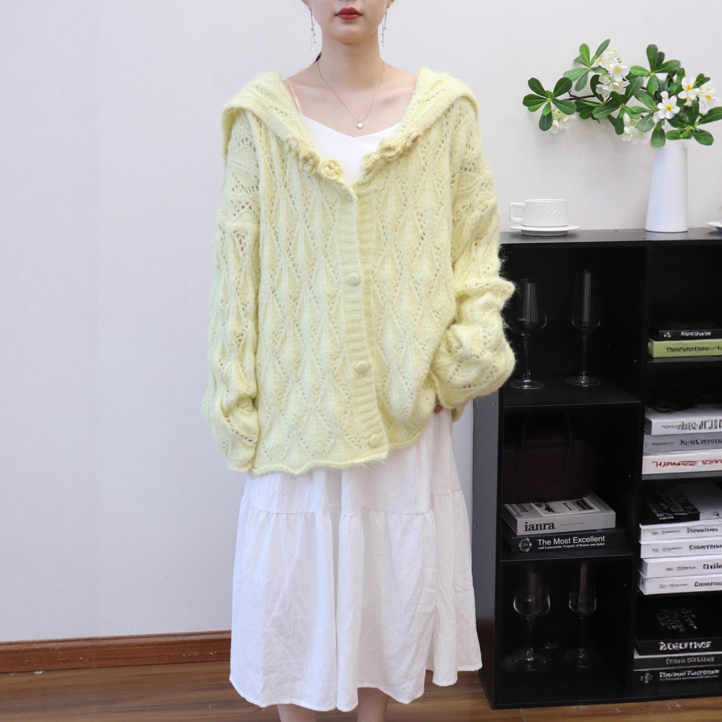 Hollow-out Three-dimensional Flower Collar Knit Cardigan Version Loose Soft Sweater Jacket for Women